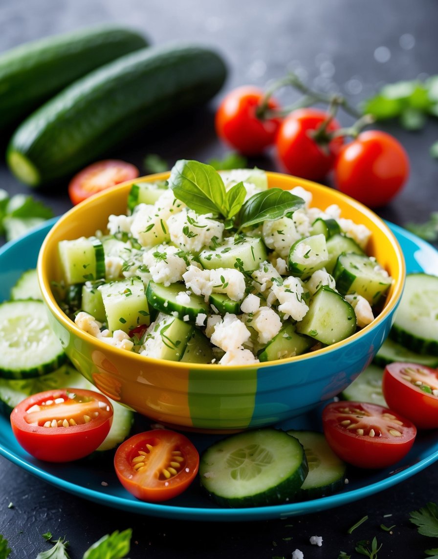 A colorful bowl of cucumber salad with crumbled feta, surrounded by fresh cucumber slices, cherry tomatoes, and a sprinkle of herbs