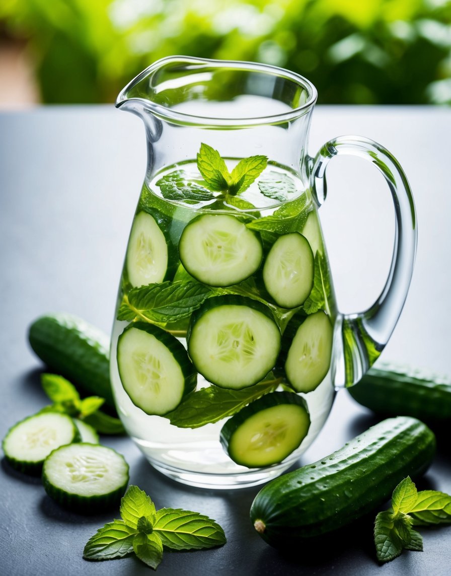 A glass pitcher filled with cucumber and mint infused water surrounded by fresh cucumbers and mint leaves