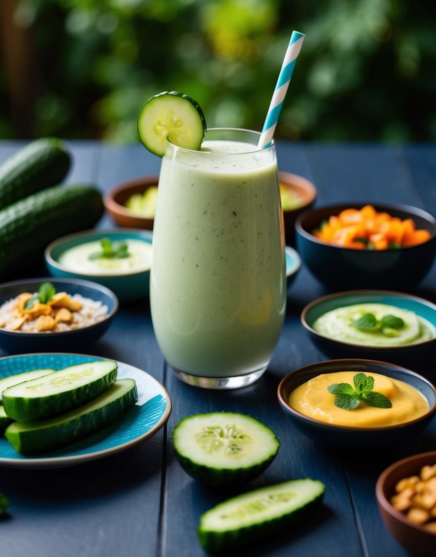 A refreshing cucumber coconut smoothie surrounded by 10 different healthy cucumber dishes