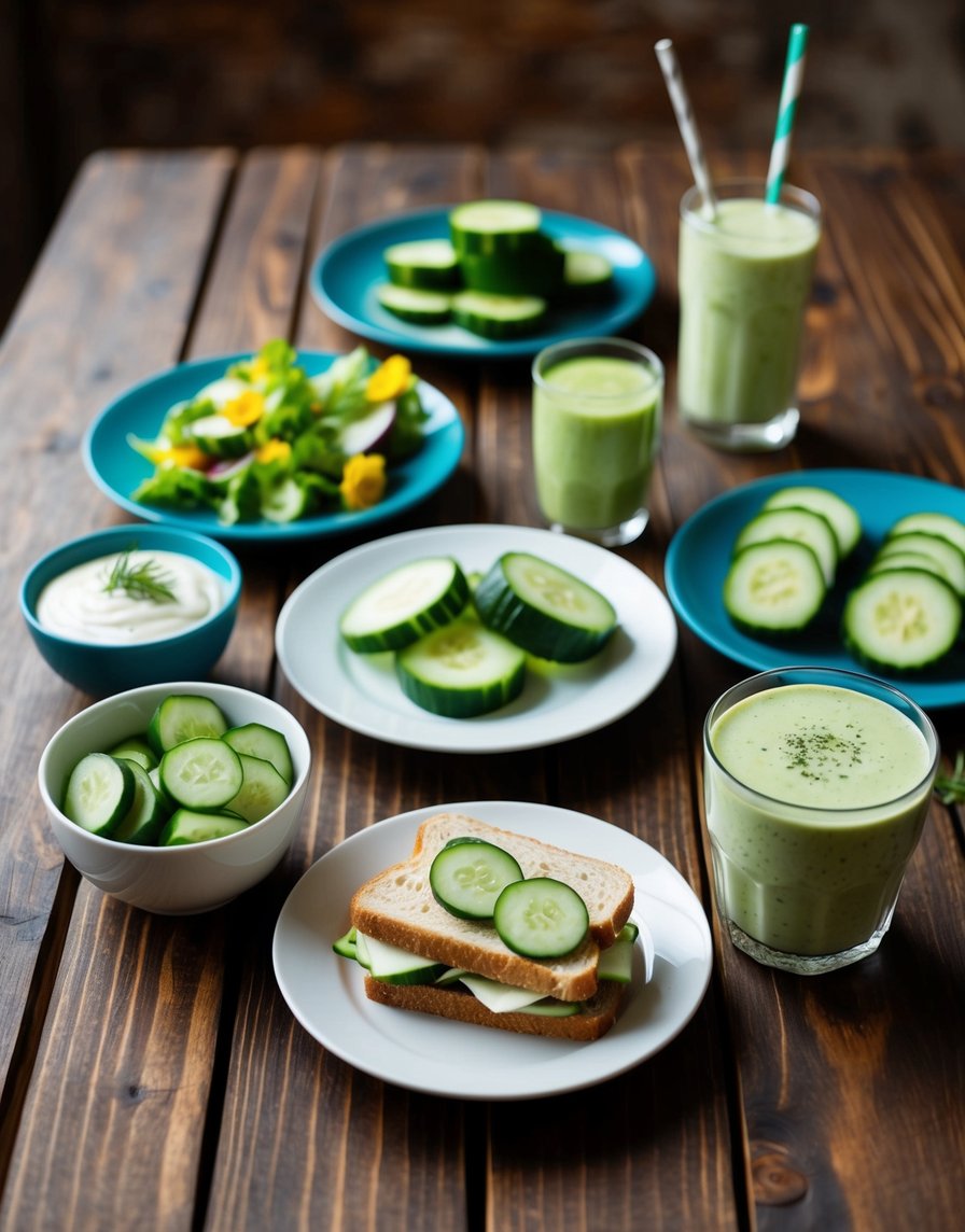 A variety of cucumber dishes arranged on a wooden table, including cucumber salad, cucumber sandwiches, and cucumber smoothies