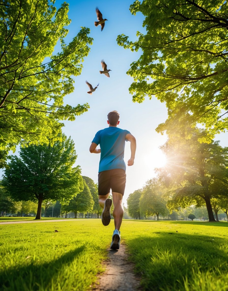 A person running through a peaceful park, surrounded by green trees and a clear blue sky. The sun is shining, and birds are chirping, creating a serene and calming atmosphere