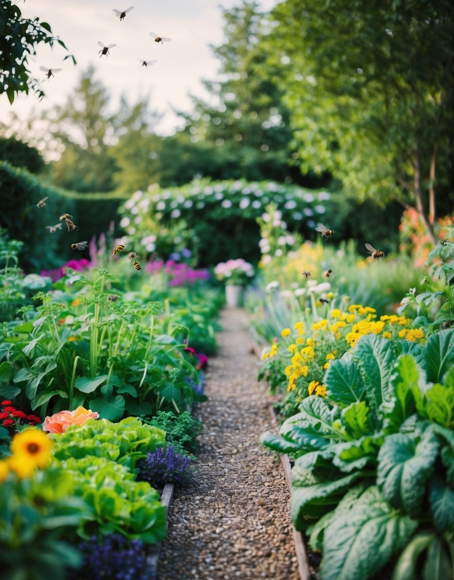 A lush garden with blooming flowers, vibrant vegetables, and buzzing bees. A peaceful sanctuary with a mix of colors and textures, surrounded by trees and chirping birds