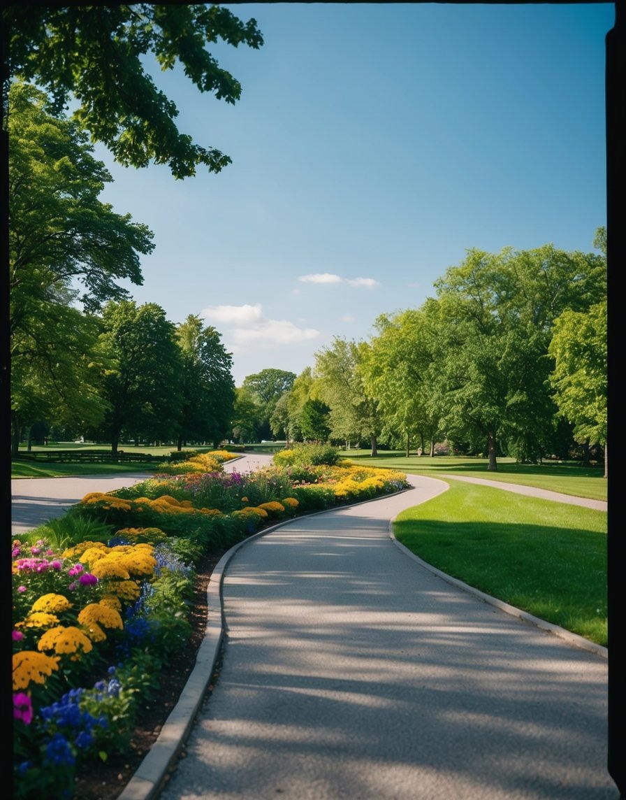 A serene park with a winding bike path surrounded by lush greenery and colorful flowers, with a clear blue sky overhead