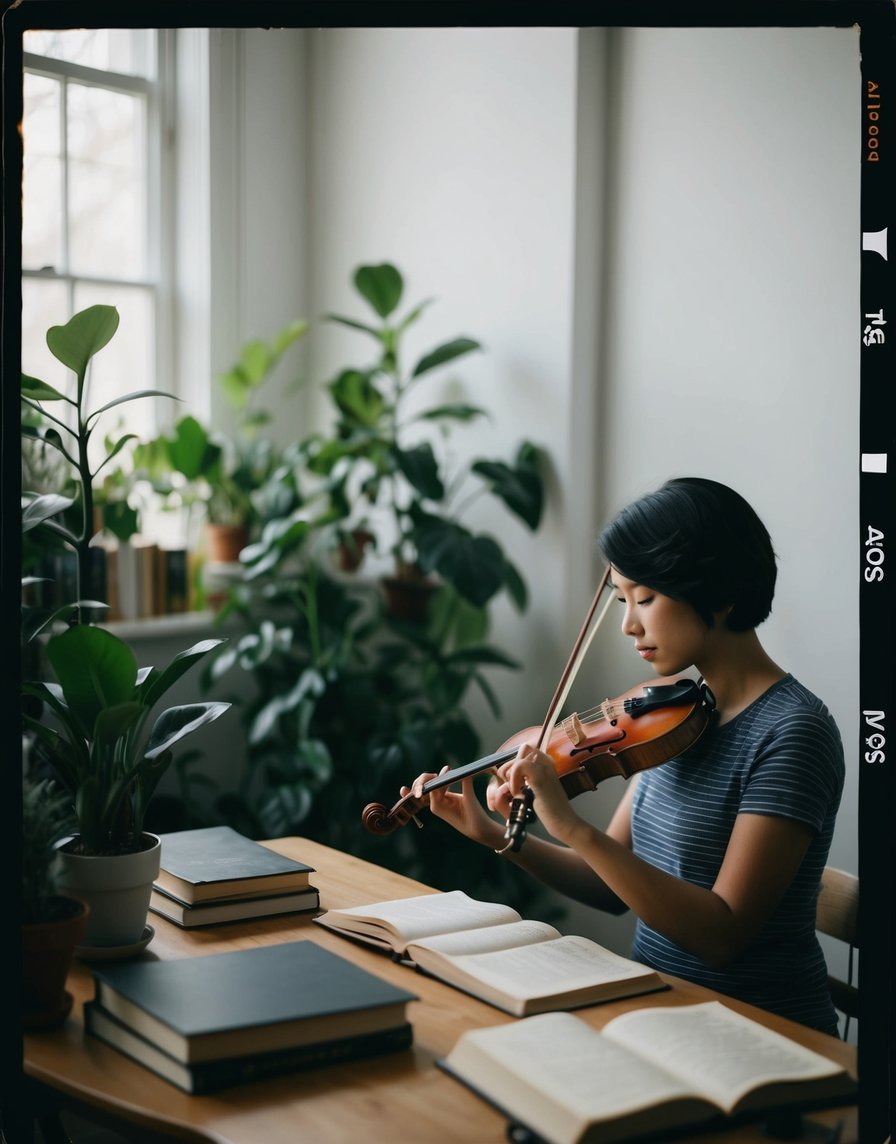 A person playing a musical instrument in a well-lit room, surrounded by plants and books. The atmosphere is calm and peaceful, with a sense of focus and dedication